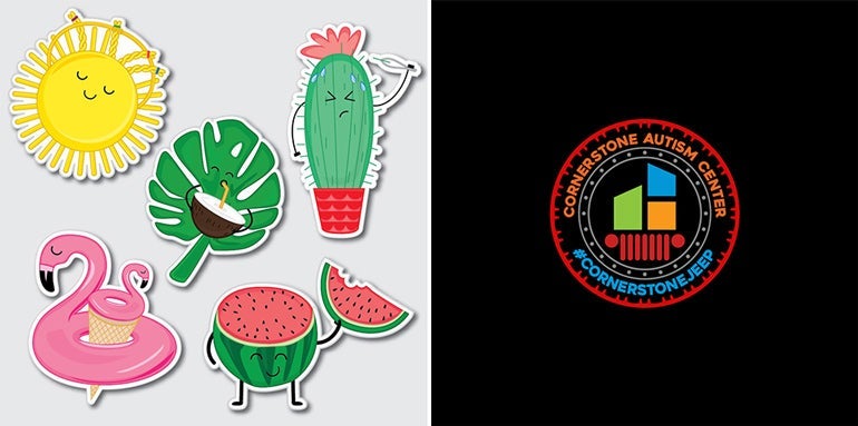 Cute summer-themed stickers including a sun, cactus, flamingo, leaf, and watermelon, shown next to a Cornerstone Autism Center logo sticker.