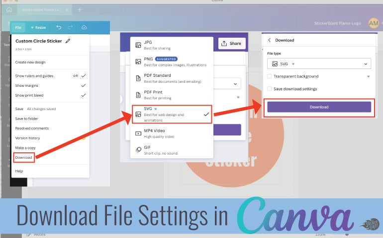 Canva download menu showing SVG selected as the file type.