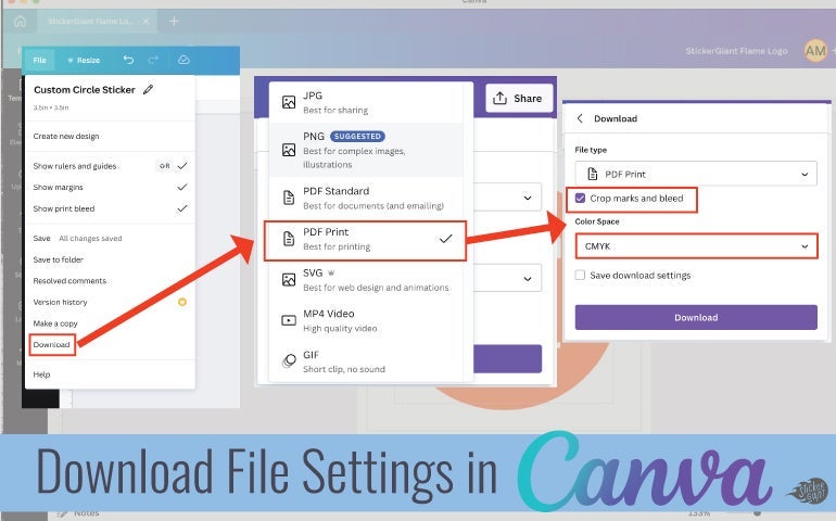 Canva download menu showing PDF Print selected with crop marks, bleed, and CMYK options.