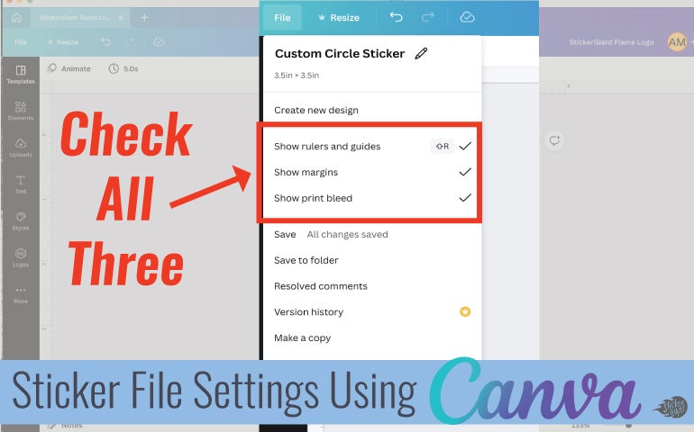 Canva file settings menu showing rulers, margins, and print bleed options selected.