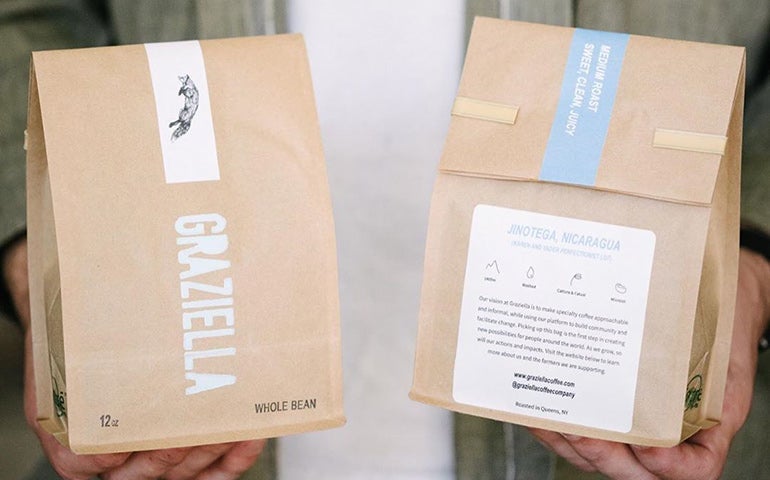 Two Graziella Coffee kraft bags showing front and back labels with product details.