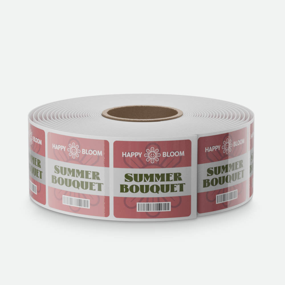 Roll of glossy product labels featuring “Happy Bloom Summer Bouquet” design with barcode