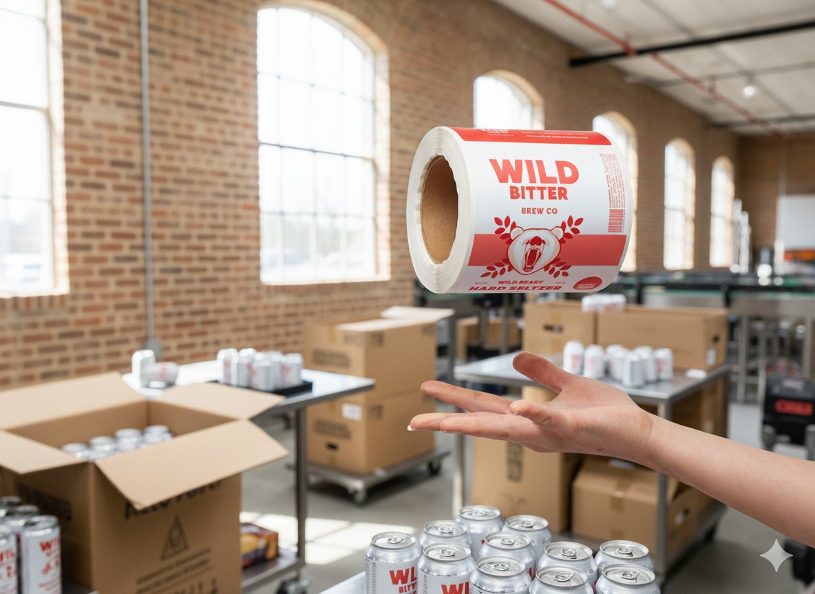 Roll of custom beverage labels for Wild Bitter cans, shown in a packaging environment ready for application