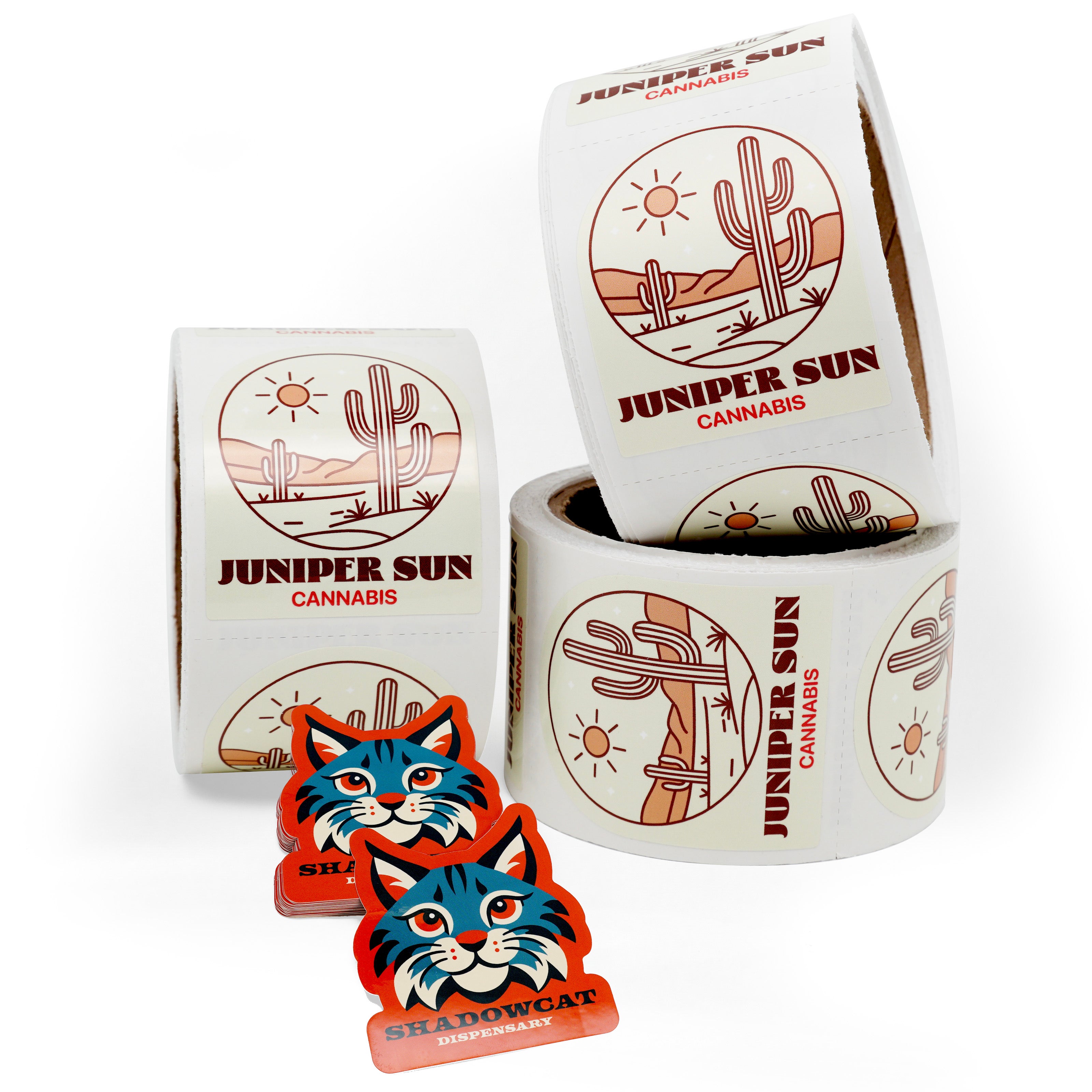 Custom cannabis product labels on rolls with printed logo stickers for retail packaging and dispensary branding