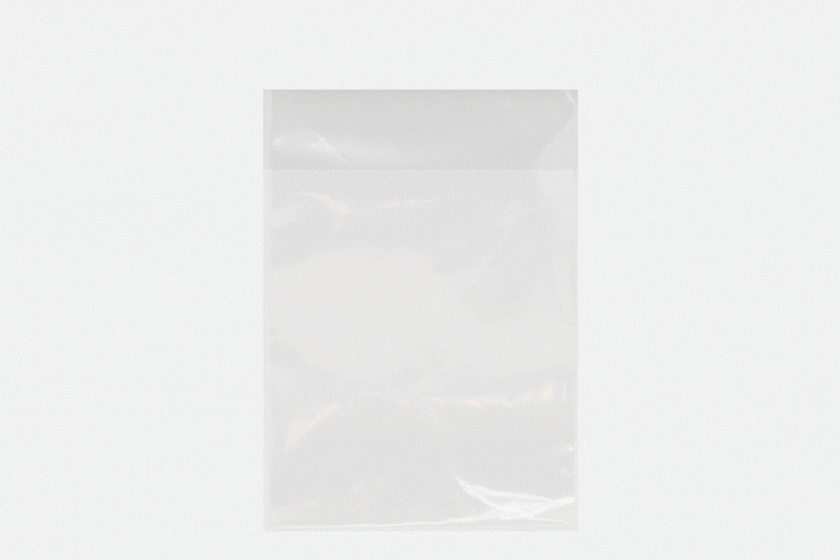 Animated GIF showing a clear plastic bag being filled with custom sticker sheets and sealed for packaging.