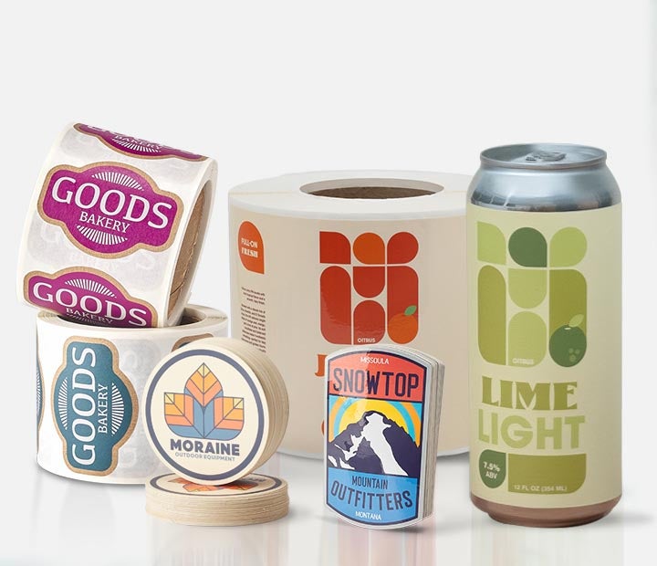 Custom stickers and labels including die cut stickers and product labels displayed for sticker printing comparison