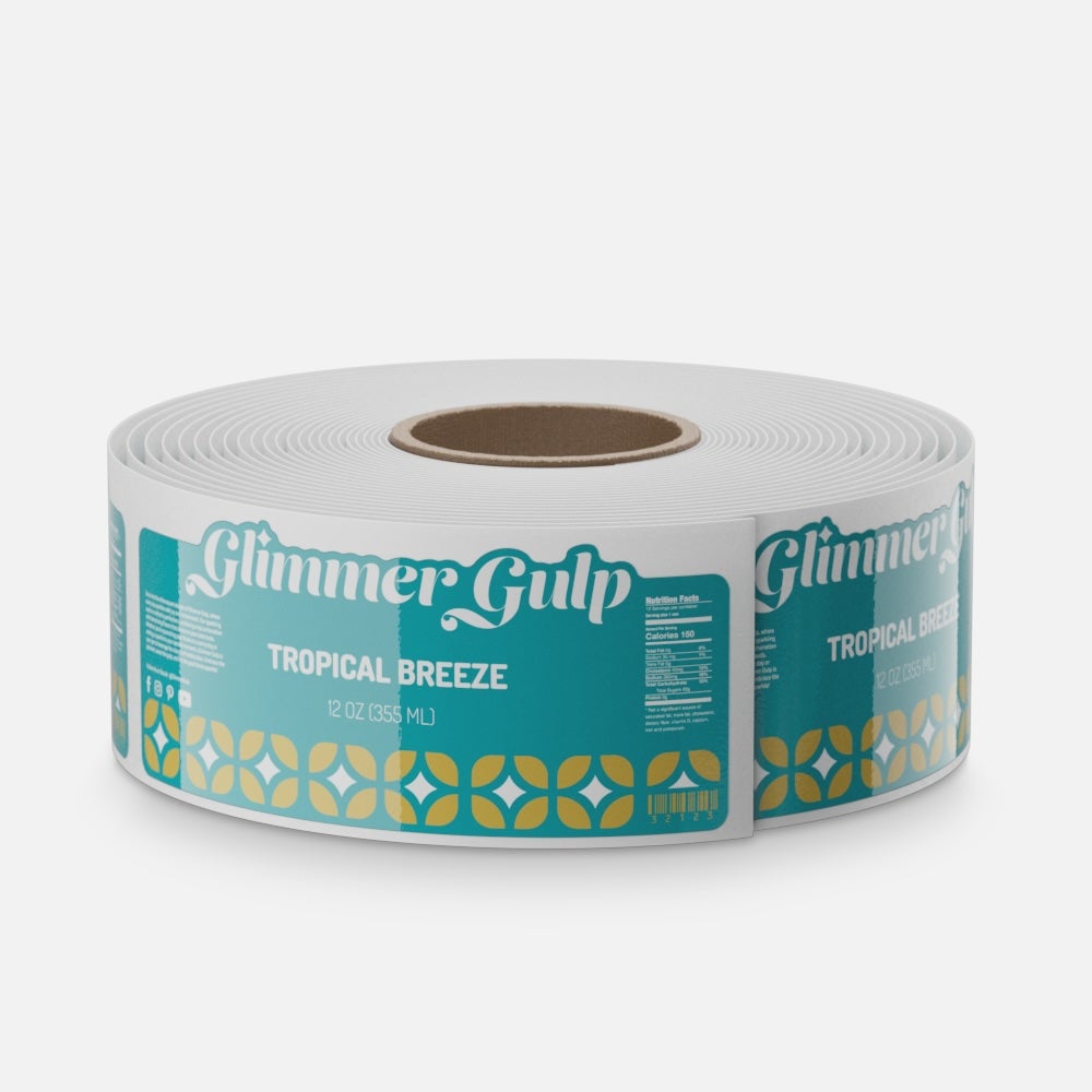 Roll of custom glossy beverage labels featuring “Glimmer Gulp Tropical Breeze” design with teal and yellow pattern