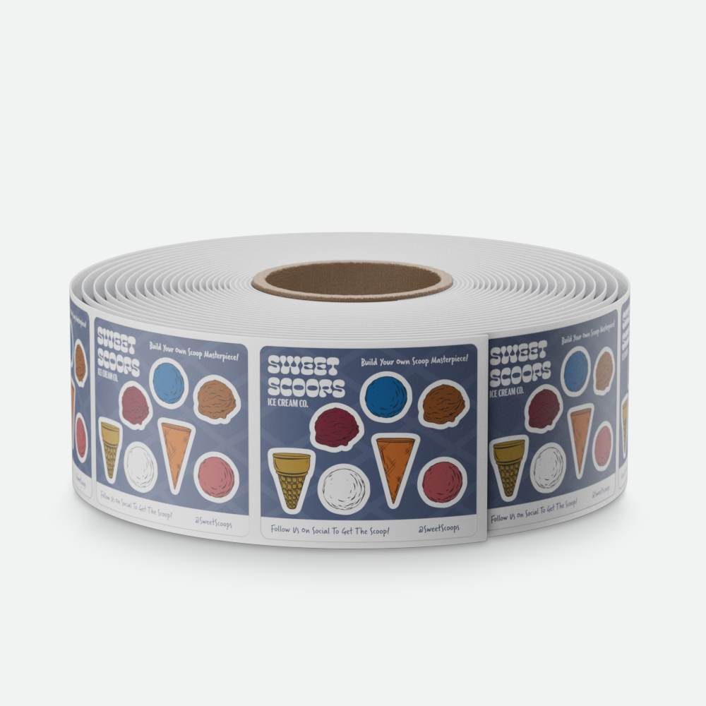 Roll of matte ice cream product labels featuring “Sweet Scoops Ice Cream Co.” design with illustrated cones and scoops