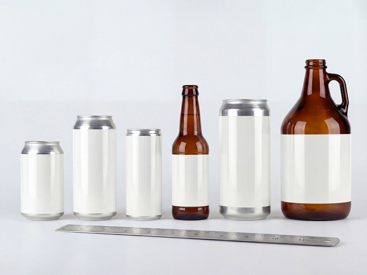 Common beer can and bottle sizes with blank labels shown next to a ruler for label sizing reference.