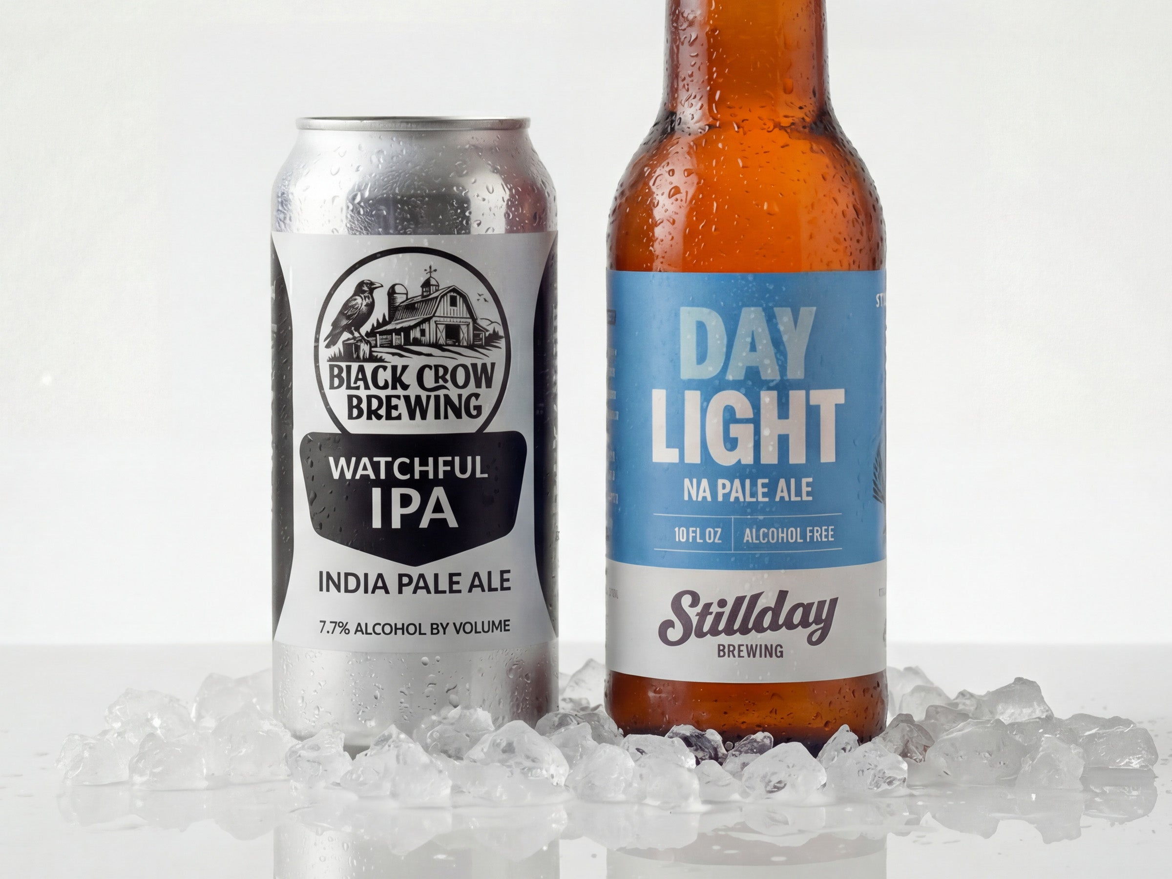 Beer cans with custom labels stored in a refrigerator display.