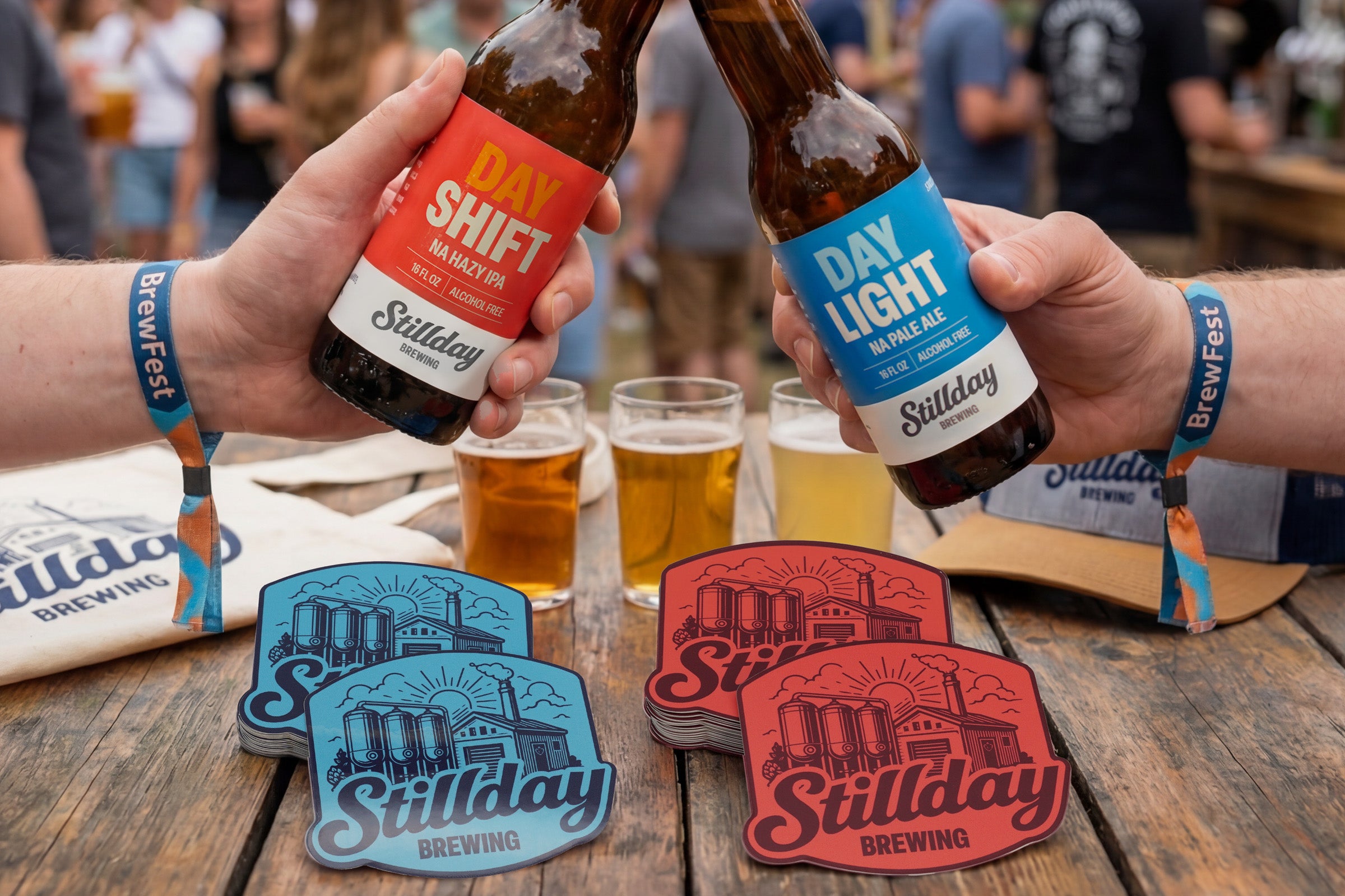People clinking craft beer bottles with custom labels at a brewery event with stacks of promotional stickers on the table.
