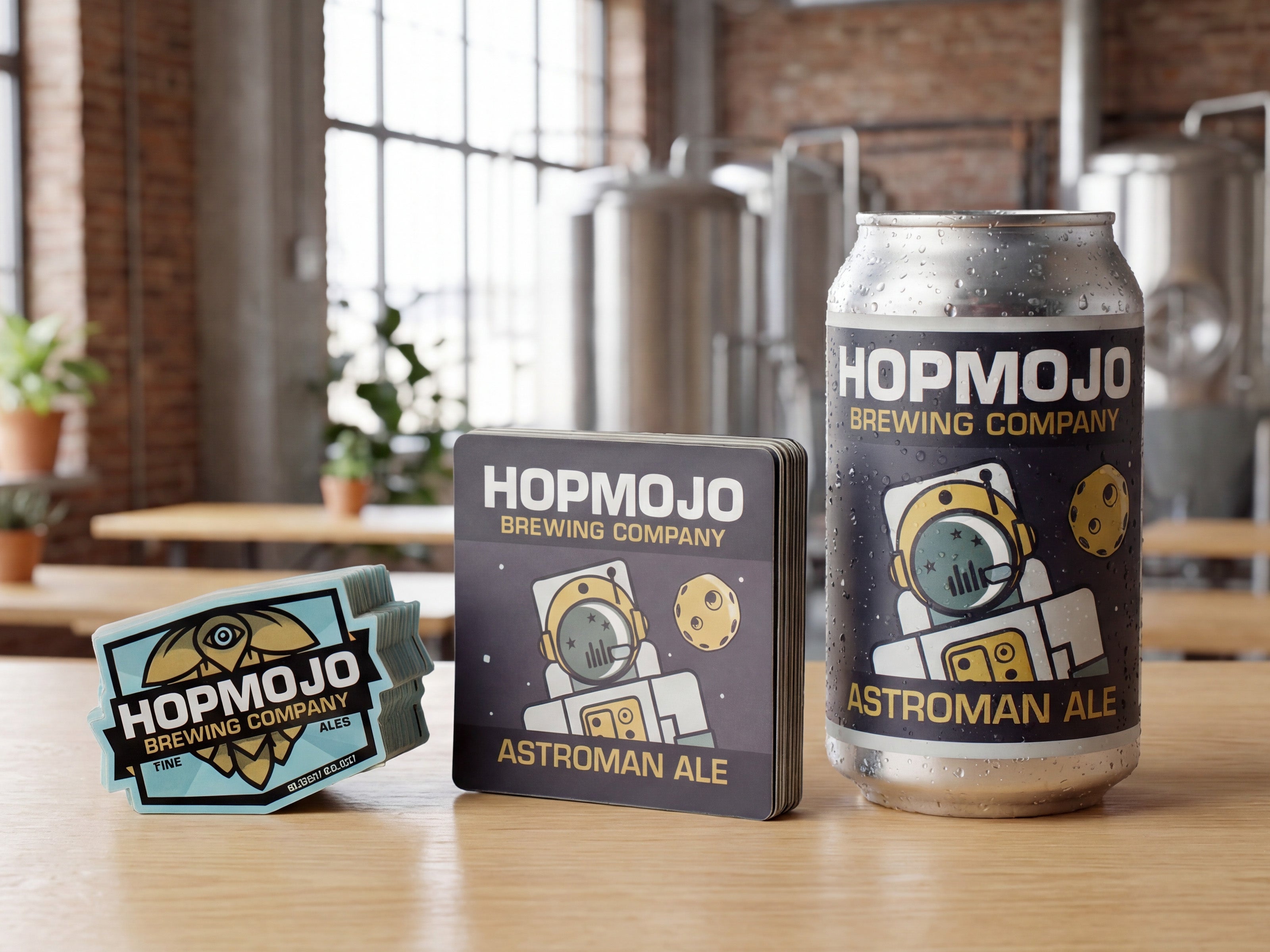 Custom beer can label with matching brewery stickers and coasters displayed on a table in a taproom.