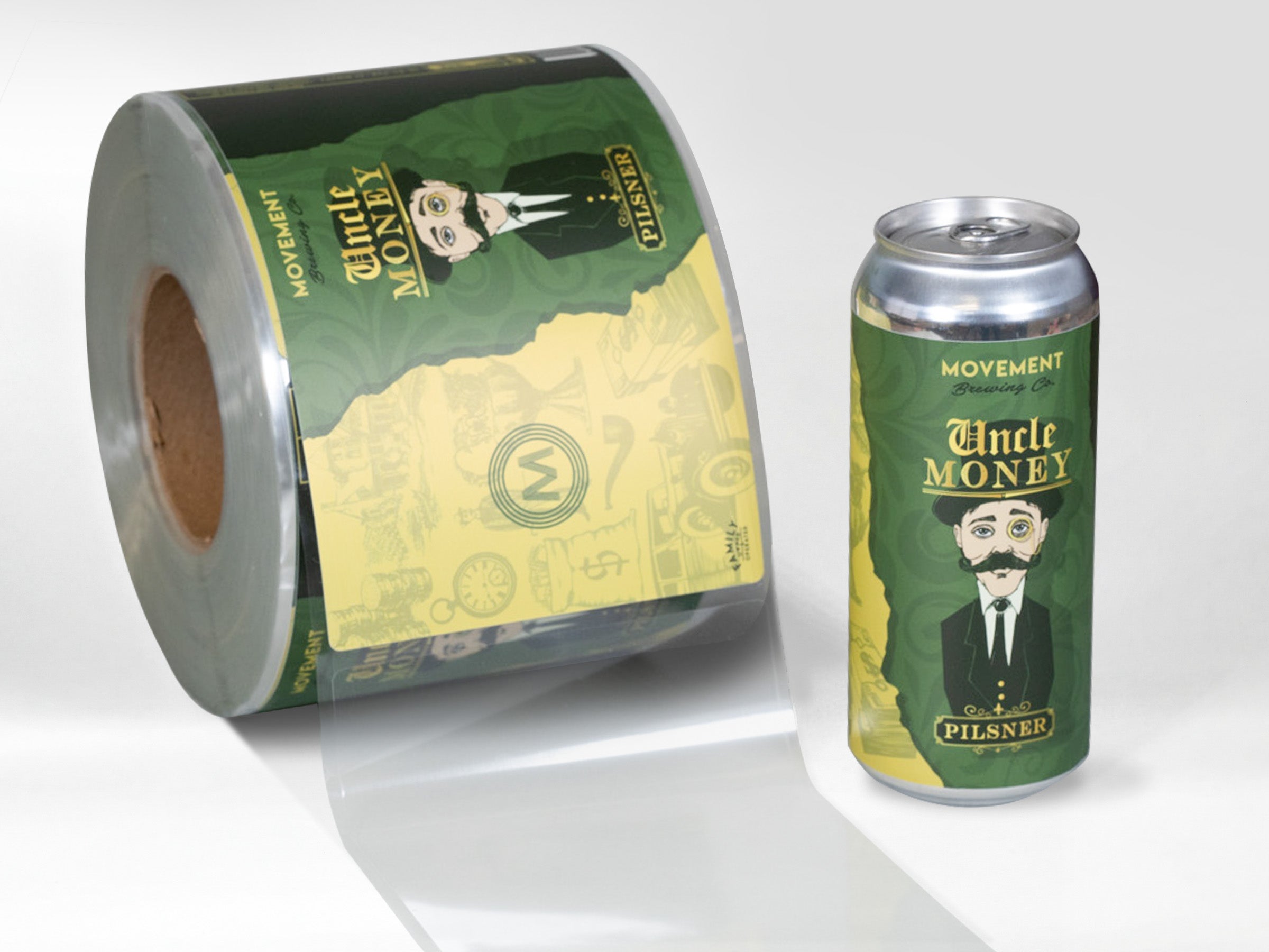 Roll of beverage labels with PET liner designed for high speed automated labeling systems.