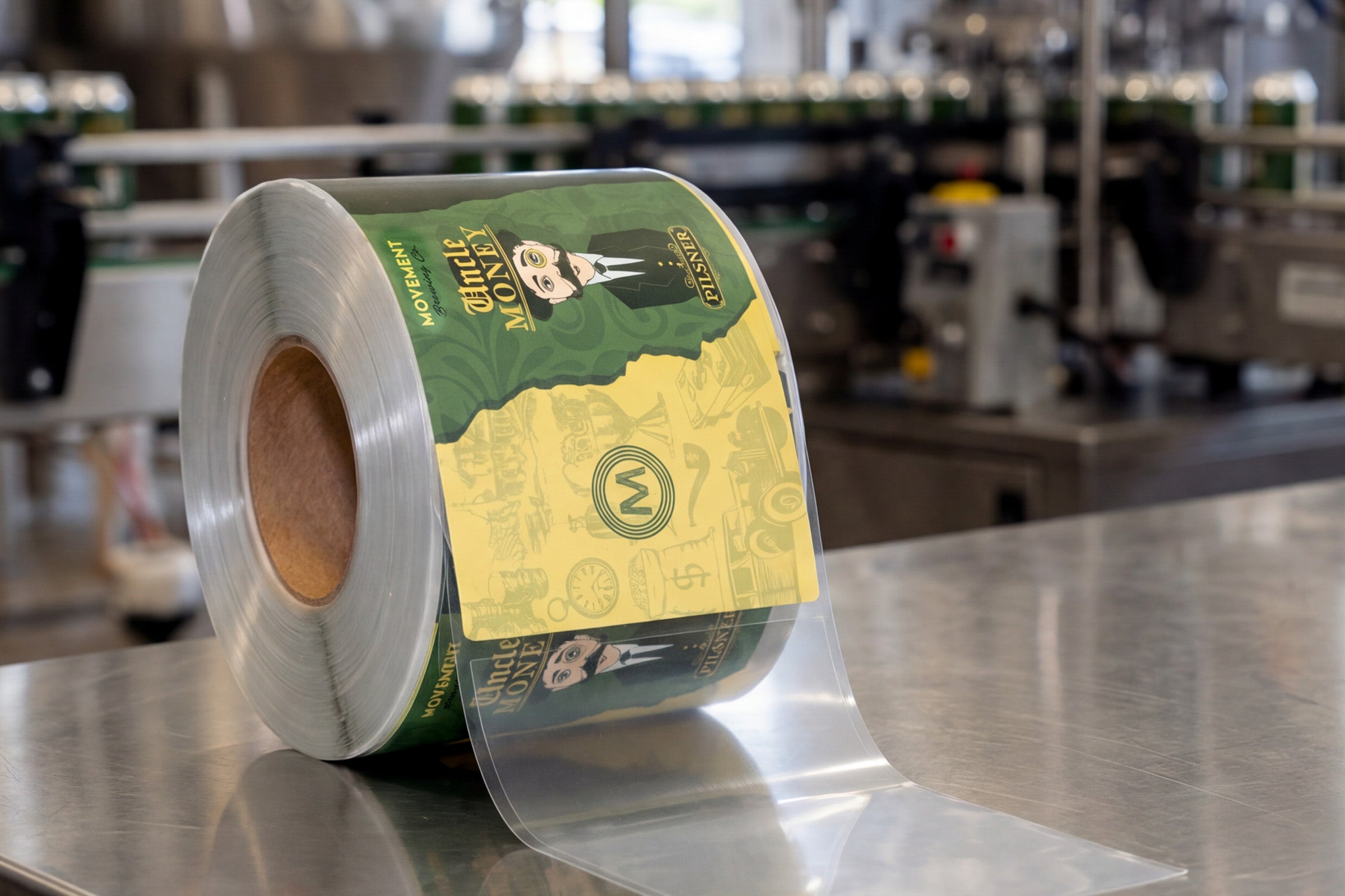 Beer cans with custom water resistant labels stored in a refrigerated display case.