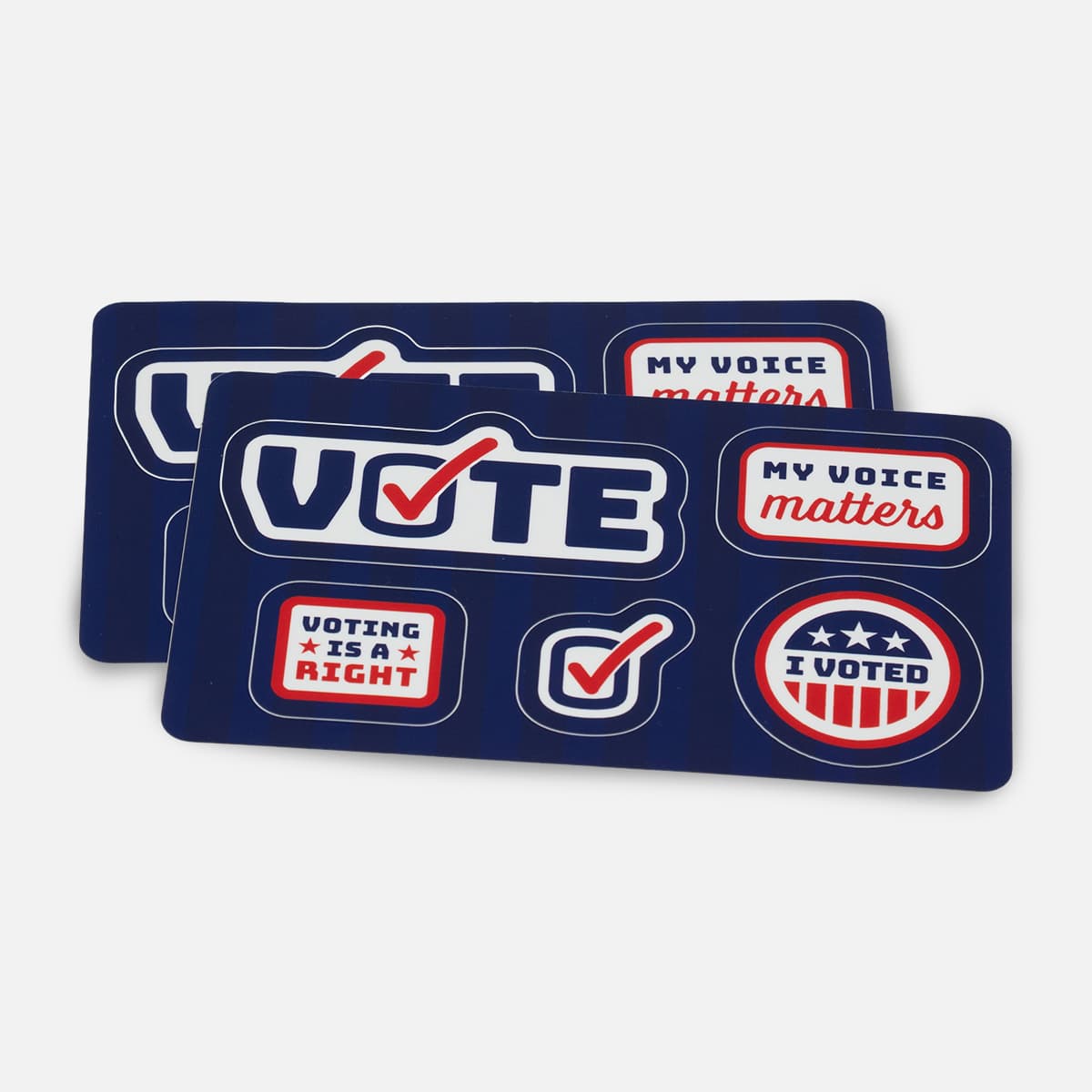 Two custom vote-themed sticker sheets featuring “My Voice Matters,” “Voting Is a Right,” checkmark, and “I Voted” designs.
